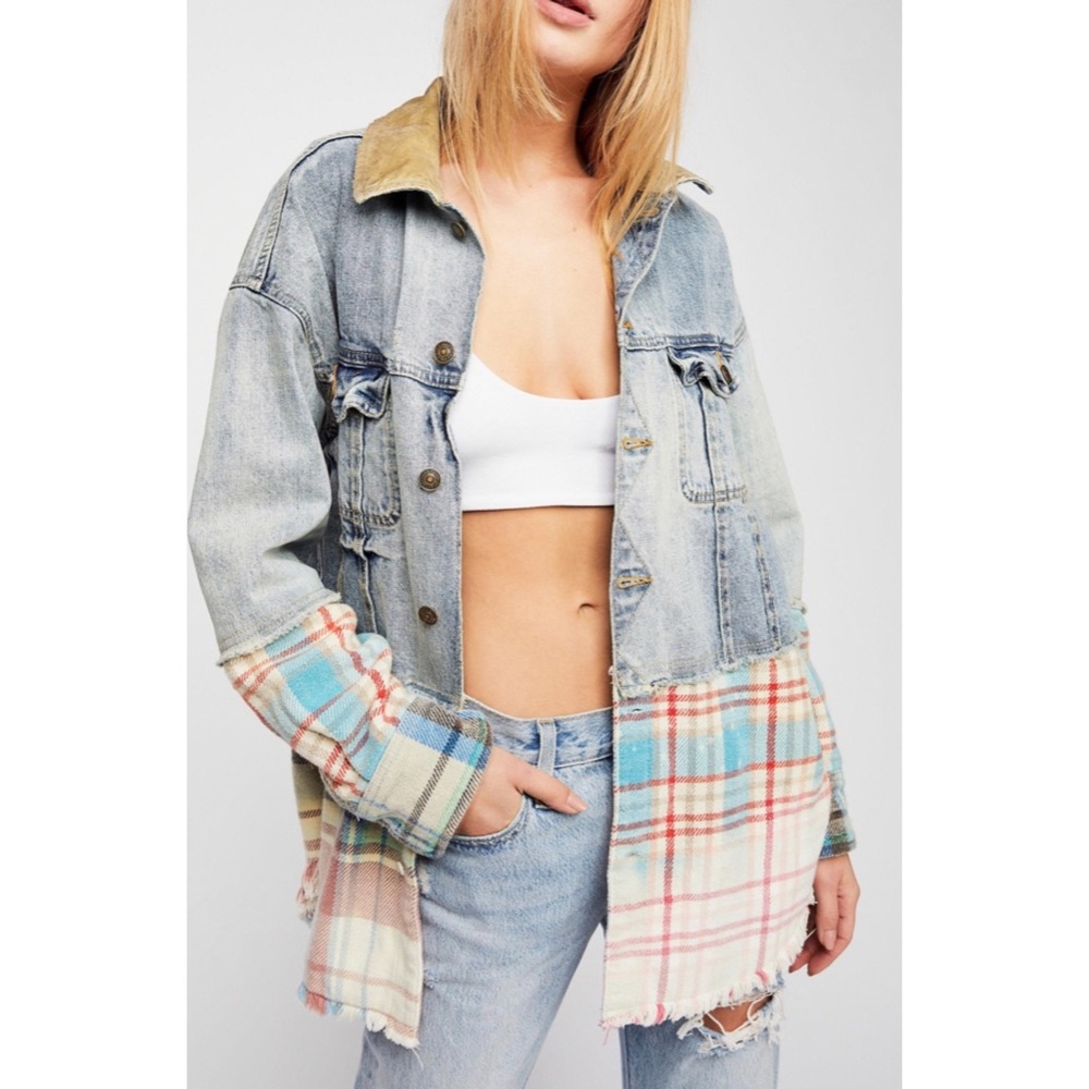 Free People Oversized Jean Jack with Plaid Detail
